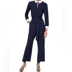 Zara Navy Blue Contrast Collar and Cuffs Belted Long Sleeve Jumpsuit